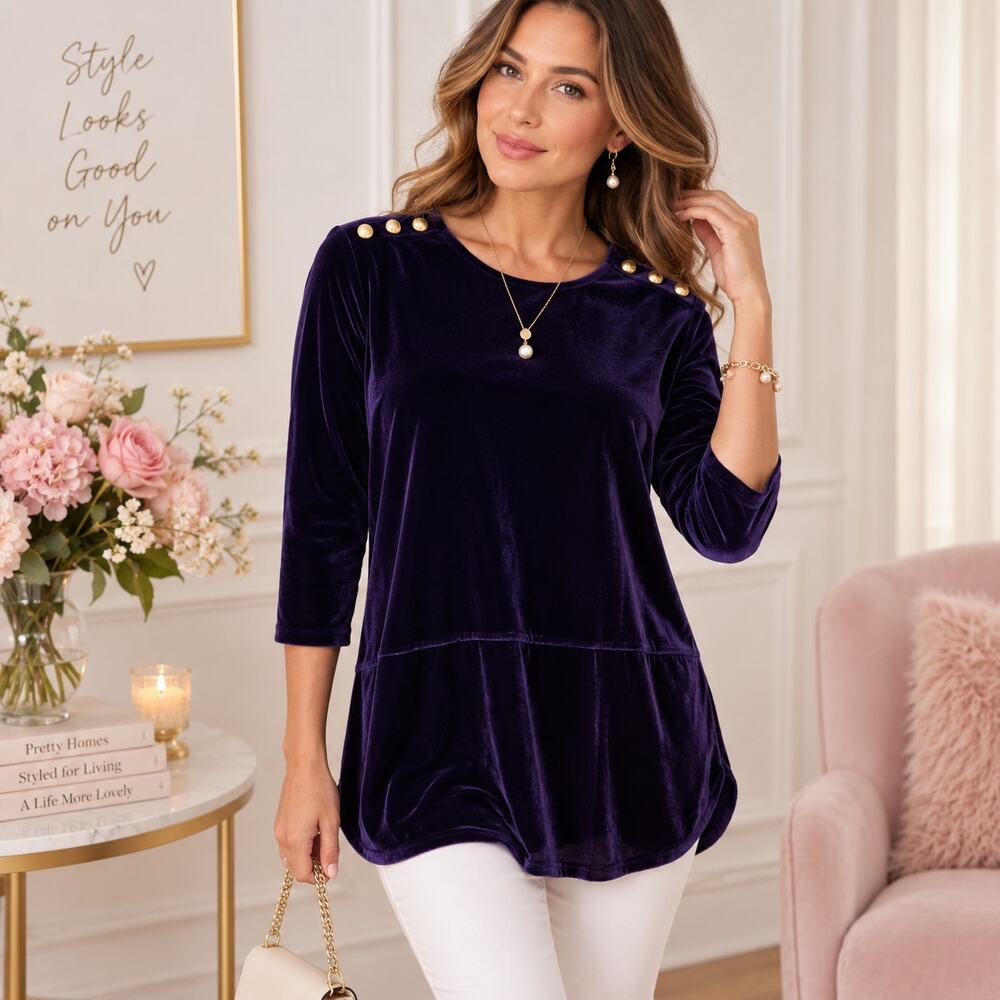 Lauren Ralph Lauren Velvet Tunic Top Women's Size M Purple Gold Buttons Trendy